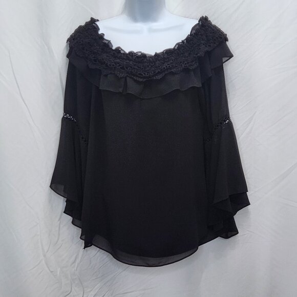 WHBM Off the Shoulder Top Womens Medium Black Crochet Bell Sleeve Blouse M14X - Picture 2 of 7